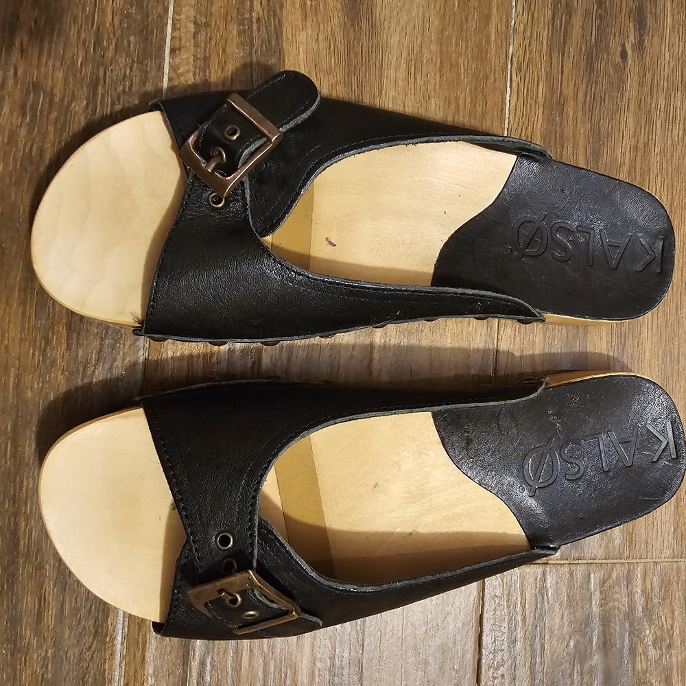Kalso Serenity Negative Heel Earth Sandals - Black Leather Slide - Size 8